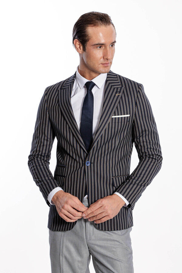 Çizgili Koyu Slim Fit Lacivert Erkek Ceket - Wessi