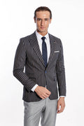 Striped Dark Slim Fit Navy Blue Men's Jacket - Wessi