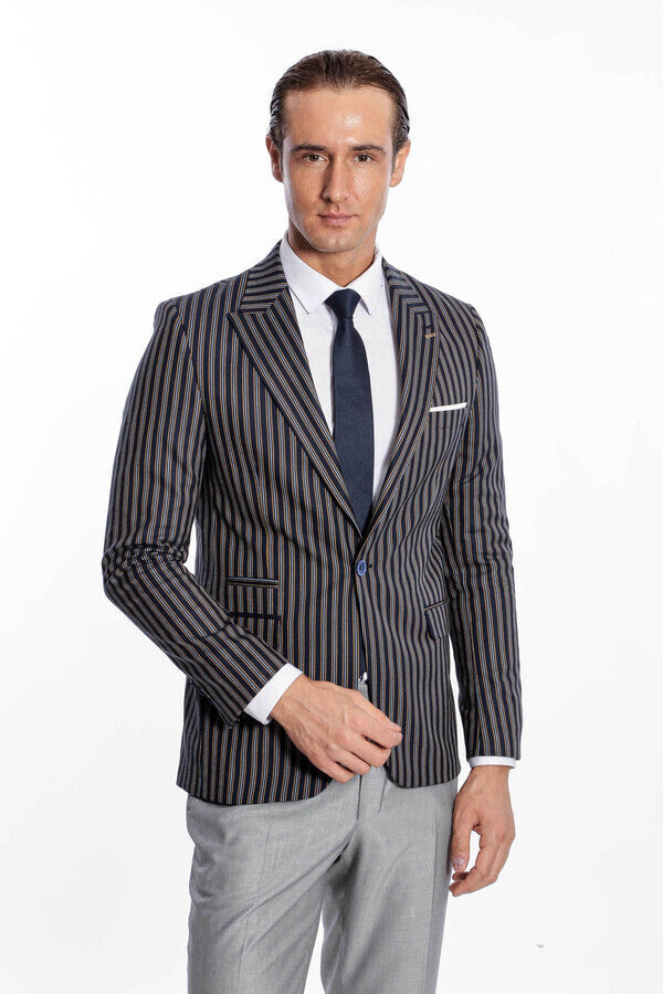 Çizgili Koyu Slim Fit Lacivert Erkek Ceket - Wessi