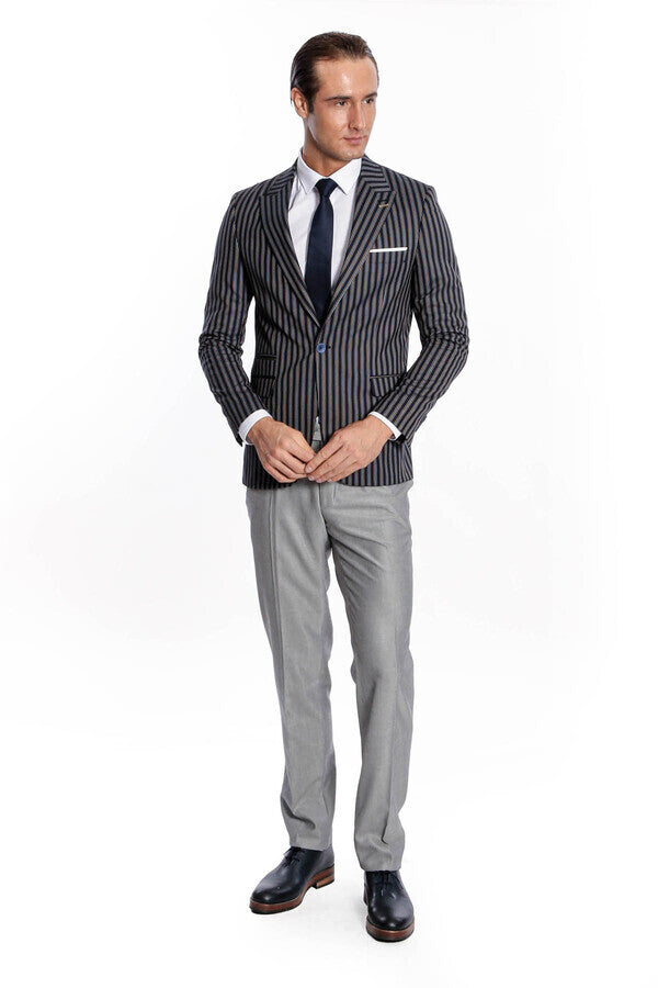 Çizgili Koyu Slim Fit Lacivert Erkek Ceket - Wessi
