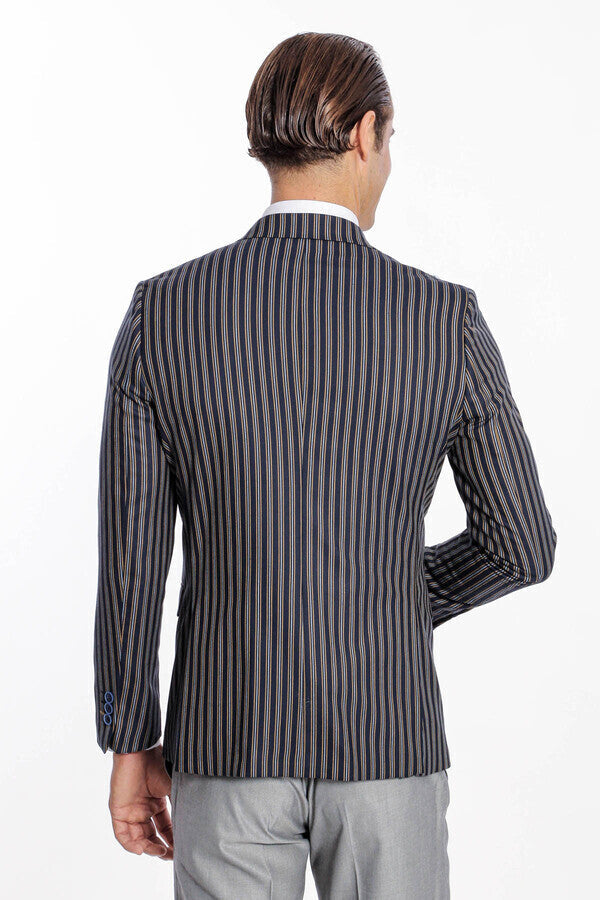 Çizgili Koyu Slim Fit Lacivert Erkek Ceket - Wessi