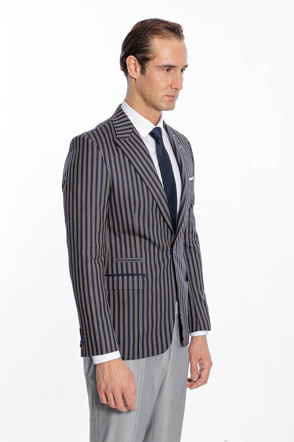 Çizgili Koyu Slim Fit Lacivert Erkek Ceket - Wessi