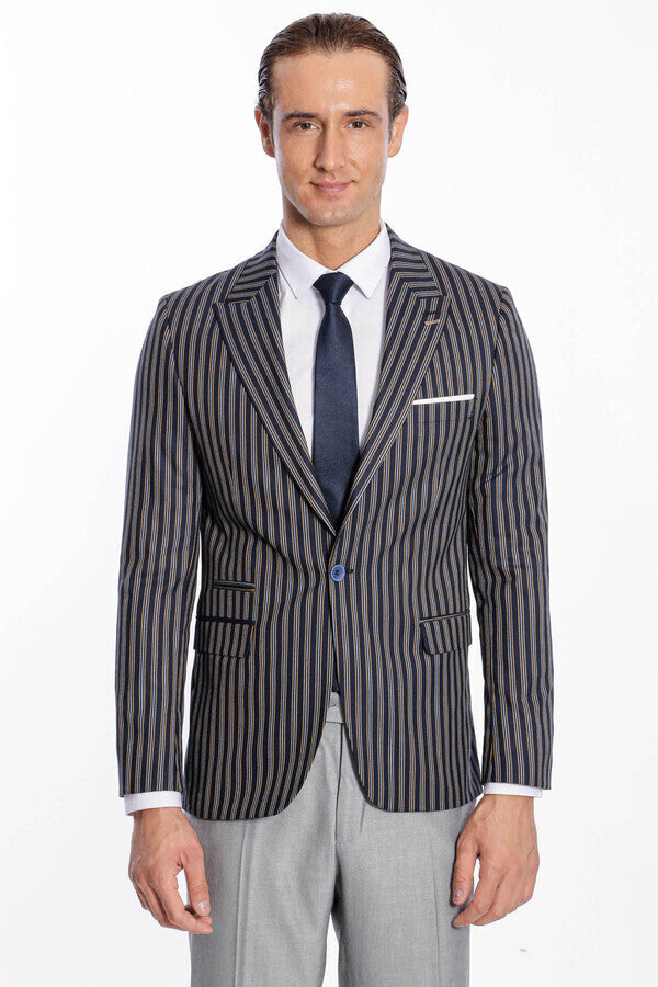 Çizgili Koyu Slim Fit Lacivert Erkek Ceket - Wessi