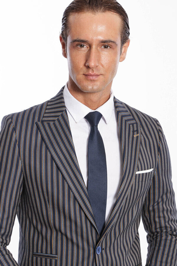 Çizgili Koyu Slim Fit Lacivert Erkek Ceket - Wessi