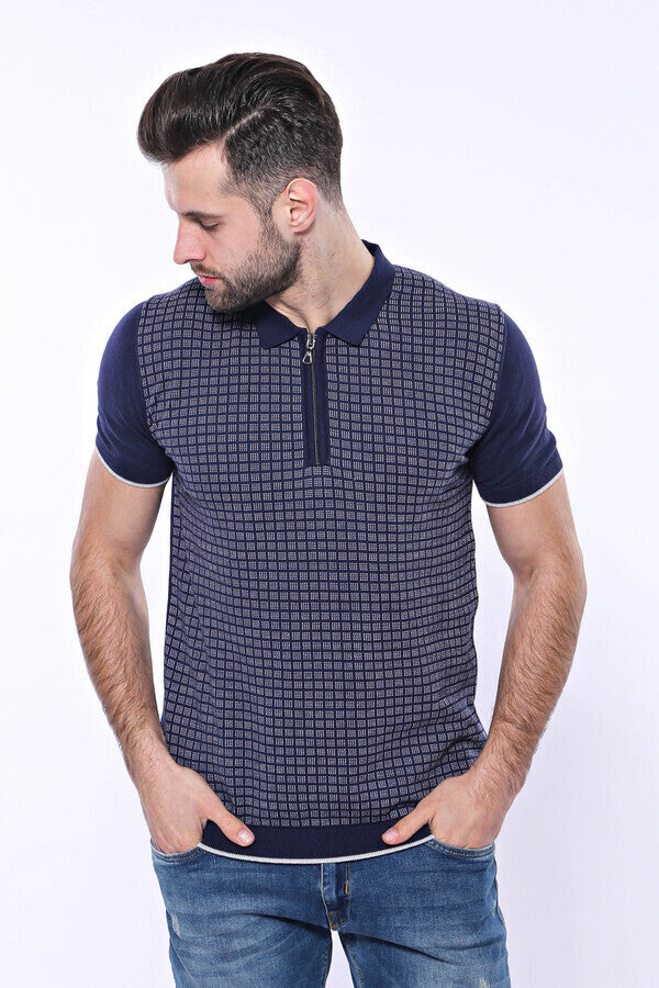 Polo Yaka Lacivert Desenli Fermuarlı Örme T-shirt | Wessi