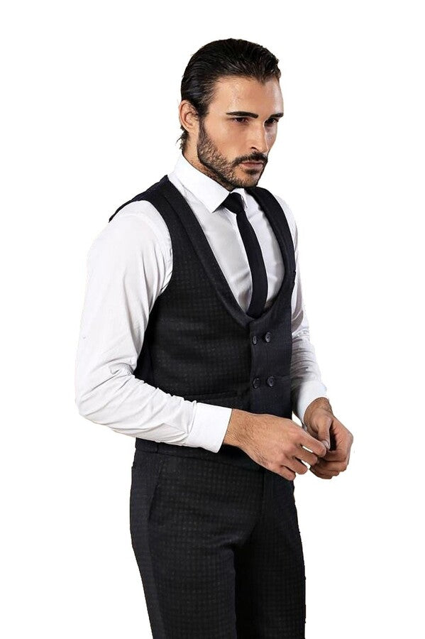 Desenli Kruvaze Lacivert Erkek Pantolon Yelek Set - Wessi