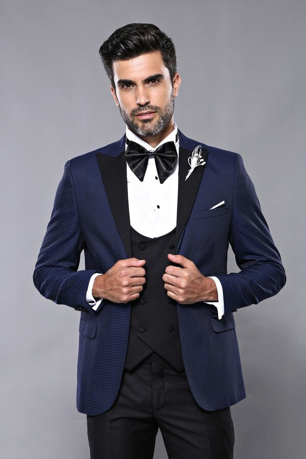 Wessi Erkek Ceket Desenli Lacivert Damatlık Slim Fit Takım Elbise - Wessi