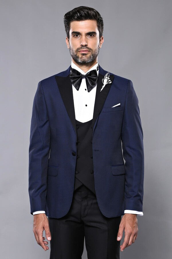 Wessi Erkek Ceket Desenli Lacivert Damatlık Slim Fit Takım Elbise - Wessi