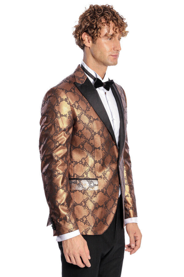 Desenli Slim Fit Kahverengi Erkek Smokin Ceket - Wessi