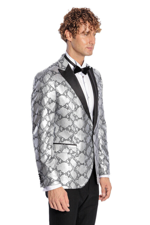 Desenli Slim Fit Gri Erkek Smokin Ceket - Wessi
