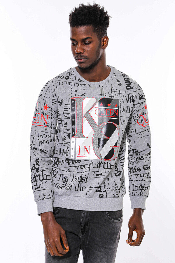 Gri Taşlı Baskılı Desenli Sweatshirt - Wessi