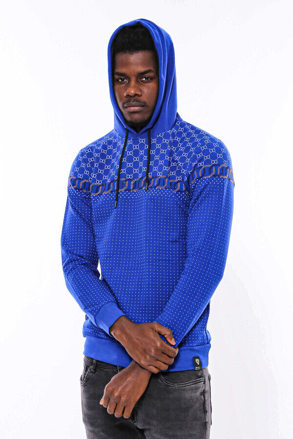Lacivert Kapşonlu Taşlı Baskılı Desenli Sweatshirt - Wessi