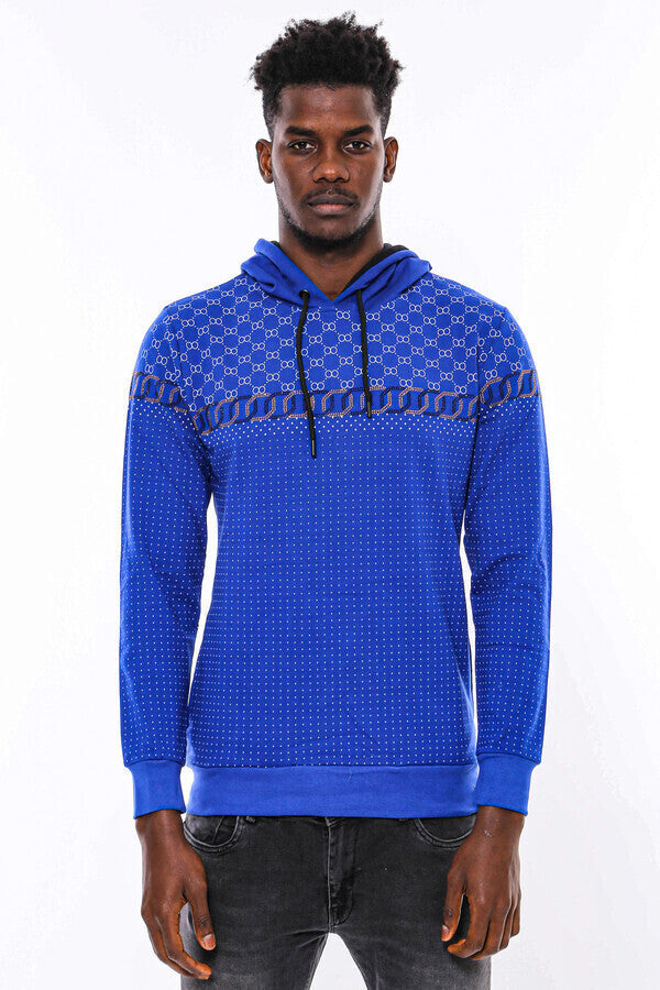 Lacivert Kapşonlu Taşlı Baskılı Desenli Sweatshirt - Wessi
