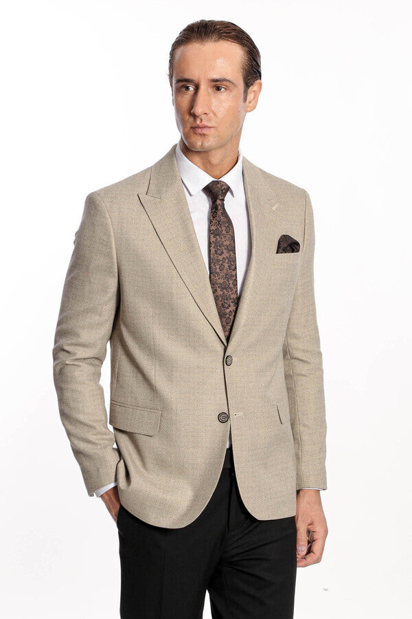 Desenli Slim Fit Krem Erkek Ceket - Wessi
