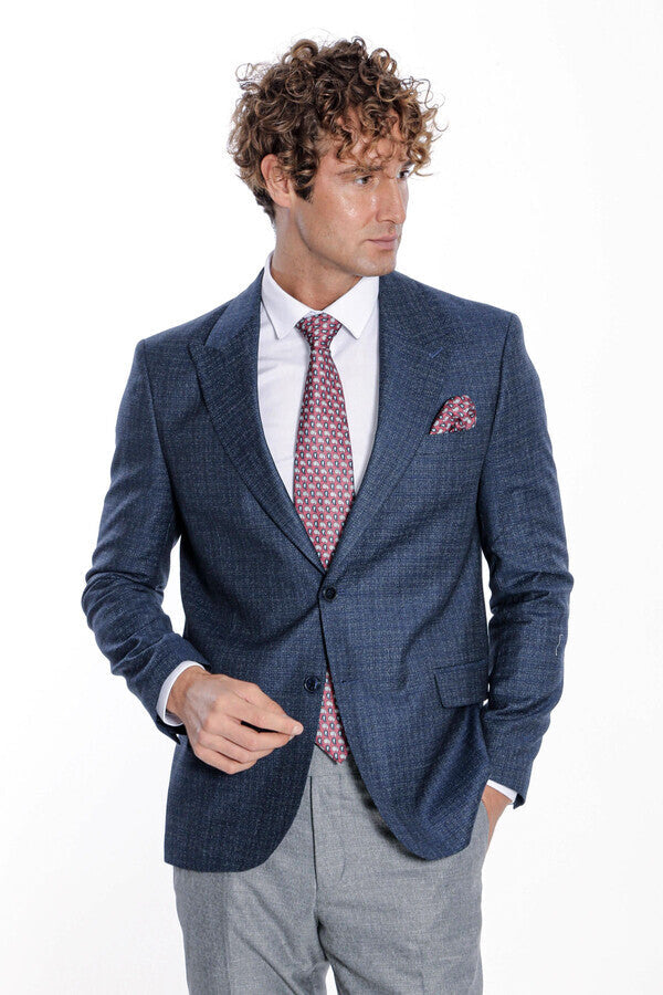 Desenli Slim Fit Lacivert Erkek Ceket - Wessi
