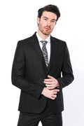 Pointed Collar Single Button Black Slim Fit Jacket | Wessi