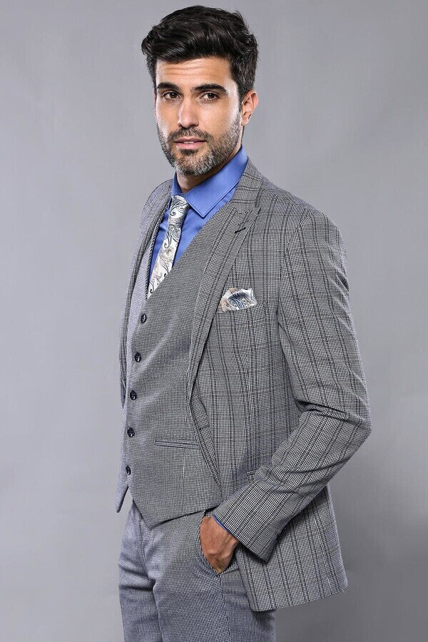 Ekose Lacivert Desen Slim Fit Yelekli Takım Elbise | Wessi