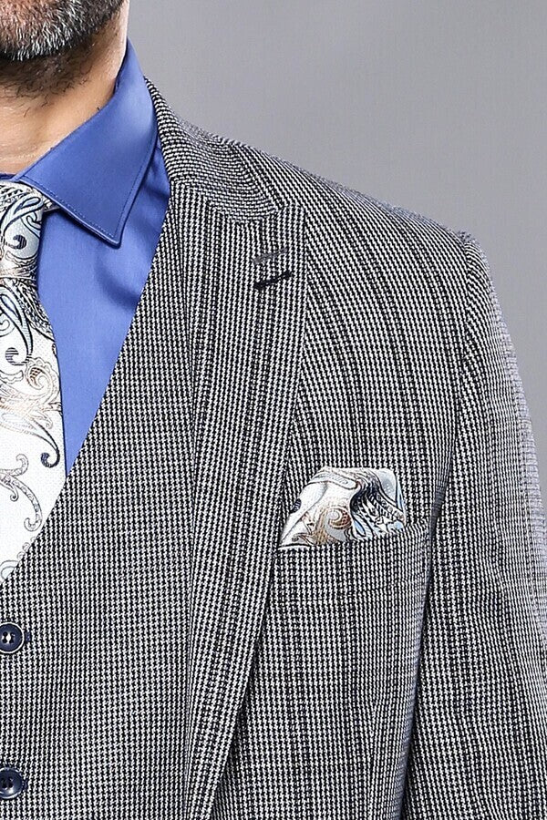Ekose Lacivert Desen Slim Fit Yelekli Takım Elbise | Wessi