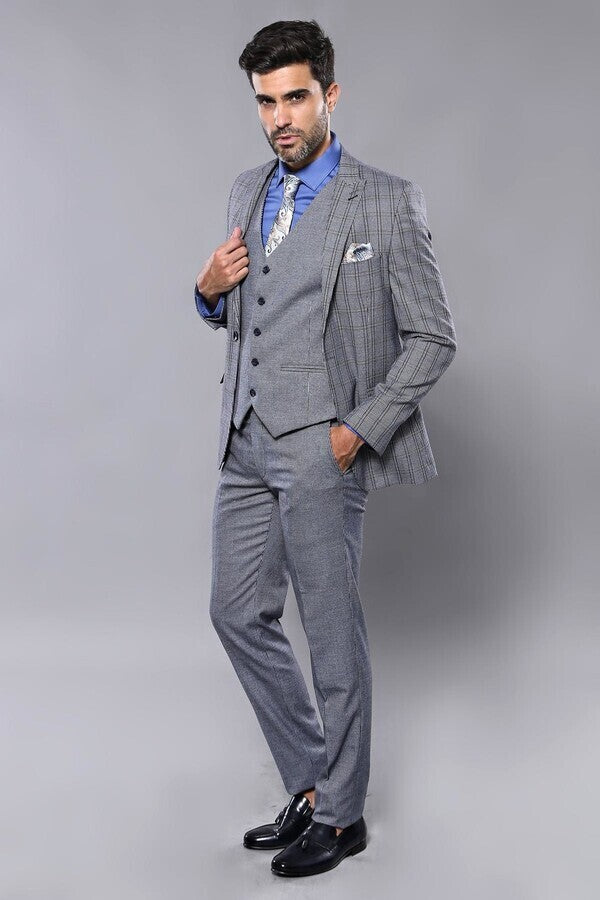 Ekose Lacivert Desen Slim Fit Yelekli Takım Elbise | Wessi