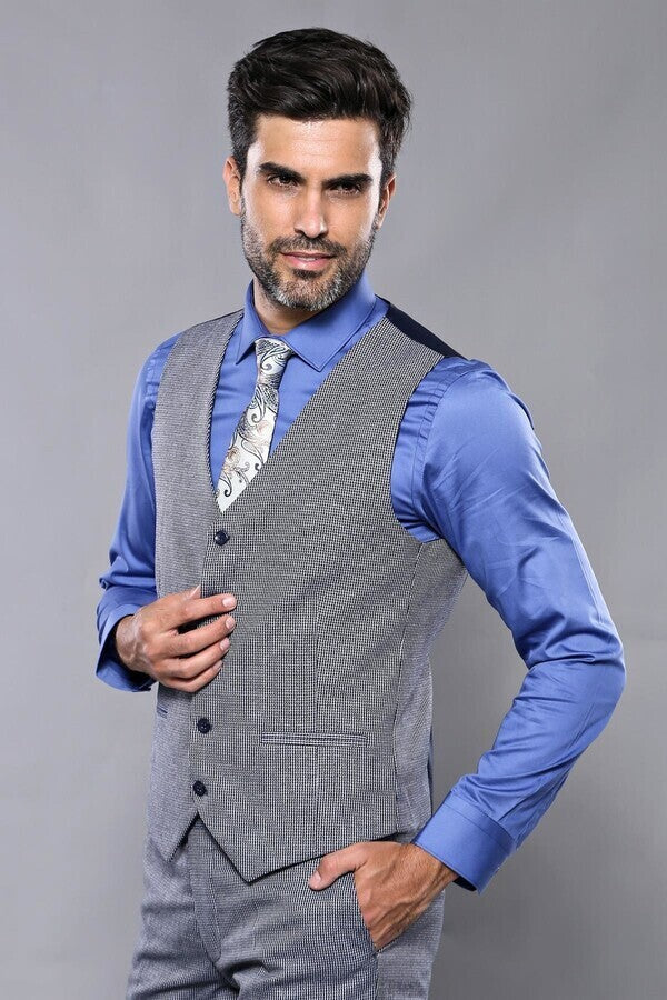 Ekose Lacivert Desen Slim Fit Yelekli Takım Elbise | Wessi