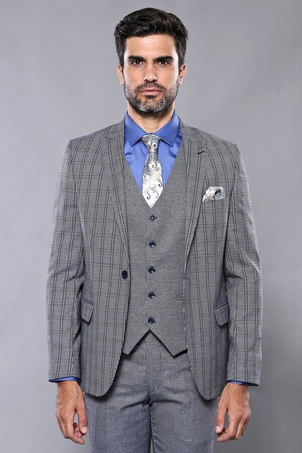 Ekose Lacivert Desen Slim Fit Yelekli Takım Elbise | Wessi