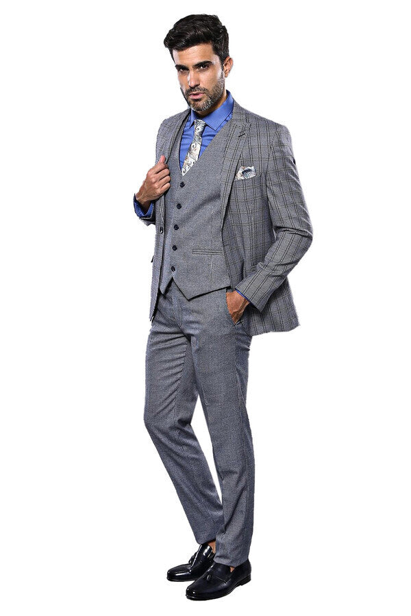 Ekose Lacivert Desen Slim Fit Yelekli Takım Elbise | Wessi