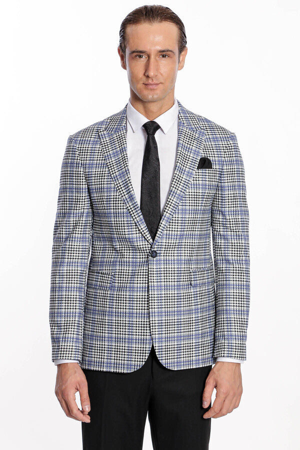 Ekose Desenli Slim Fit Siyah Mavi Erkek Ceket - Wessi