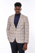 Plaid Pattern Slim Fit Brown Blue Men's Jacket - Wessi