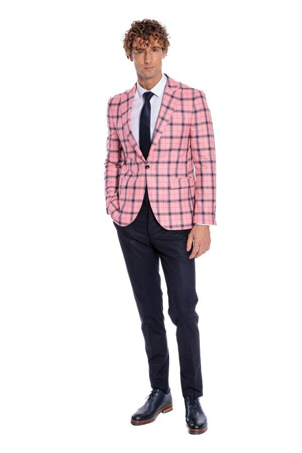Ekose Desenli Slim Fit Pembe Erkek Ceket - Wessi