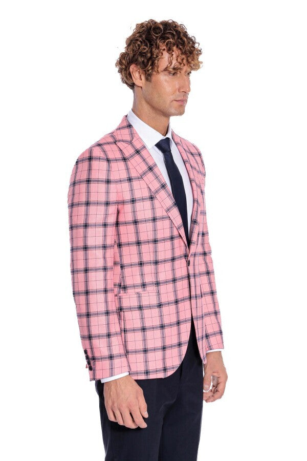 Ekose Desenli Slim Fit Pembe Erkek Ceket - Wessi