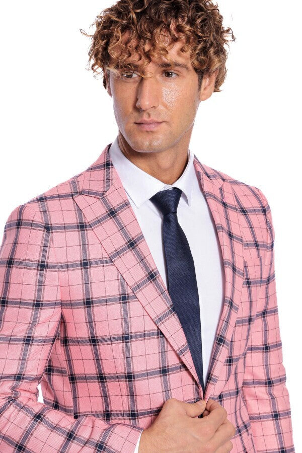 Ekose Desenli Slim Fit Pembe Erkek Ceket - Wessi