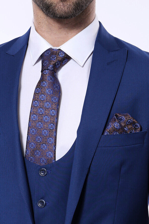 Düz Lacivert Sivri Yaka Slim Fit Yelekli Takım Elbise - Wessi
