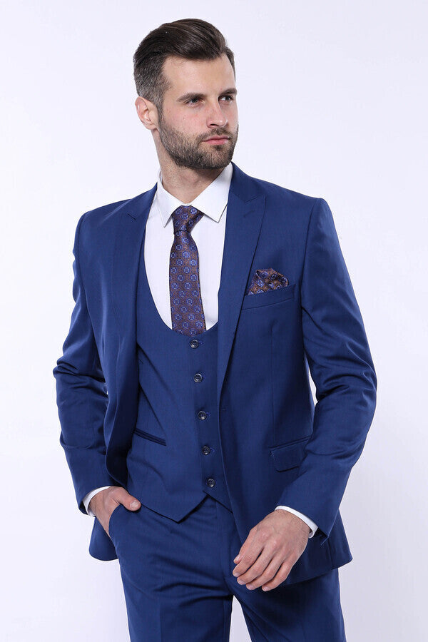 Düz Lacivert Sivri Yaka Slim Fit Yelekli Takım Elbise - Wessi