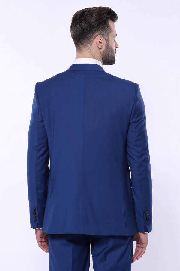 Düz Lacivert Sivri Yaka Slim Fit Yelekli Takım Elbise - Wessi