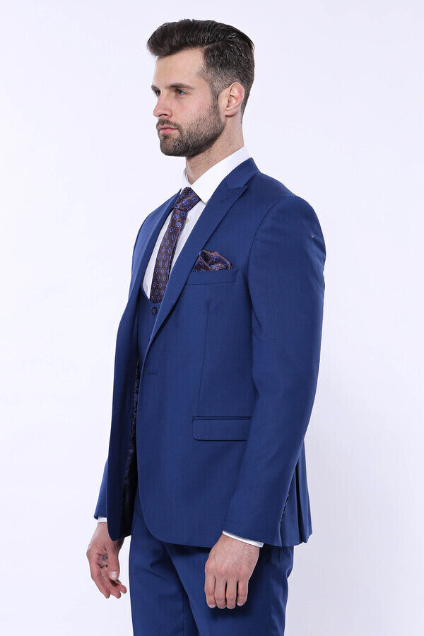 Düz Lacivert Sivri Yaka Slim Fit Yelekli Takım Elbise - Wessi