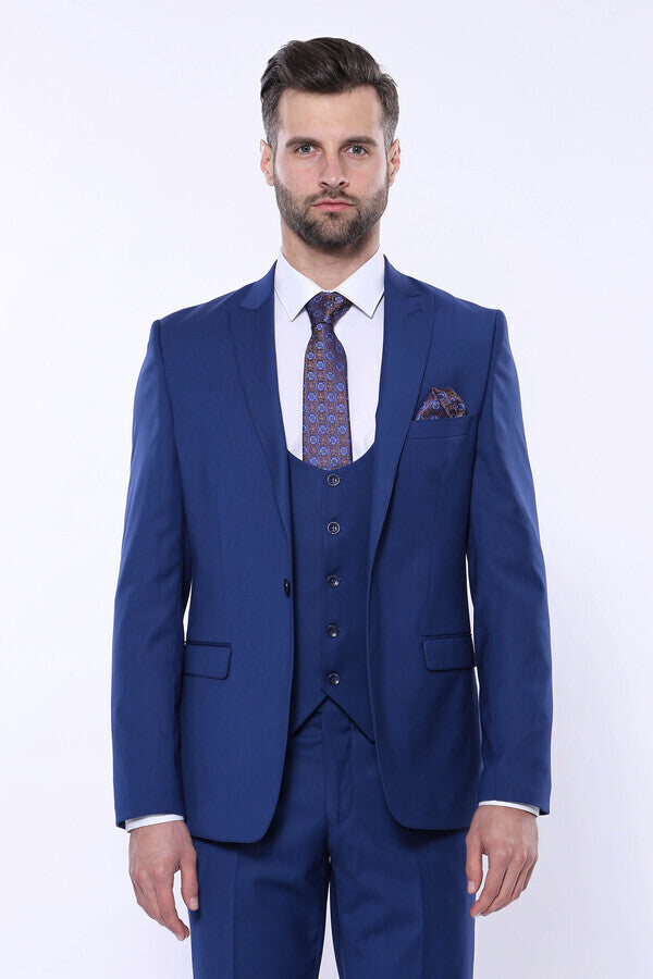 Düz Lacivert Sivri Yaka Slim Fit Yelekli Takım Elbise - Wessi
