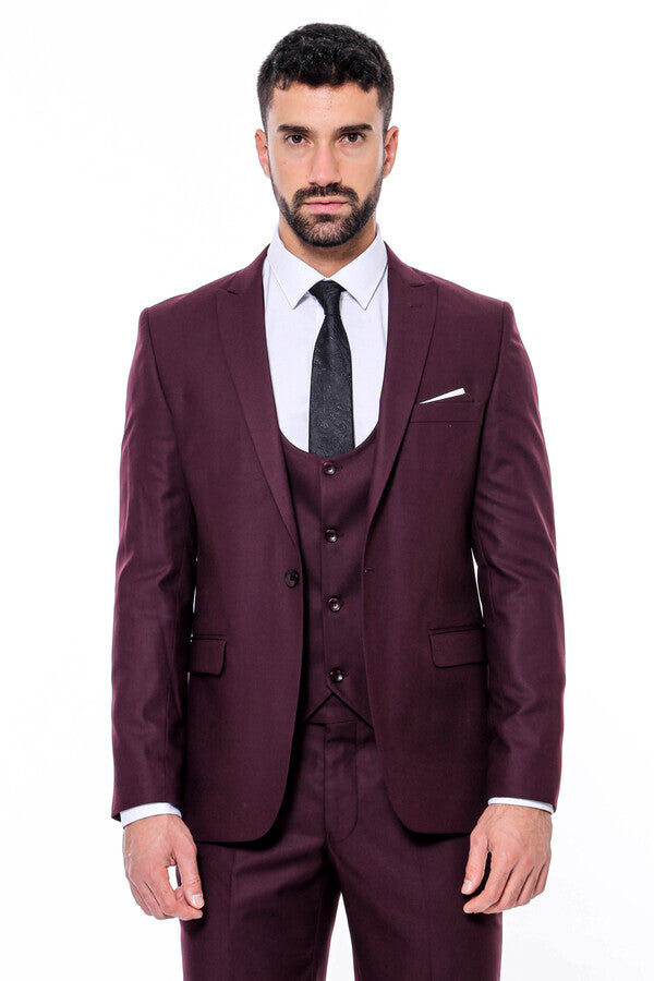 Desensiz Slim Fit Bordo Erkek Takım Elbise - Wessi