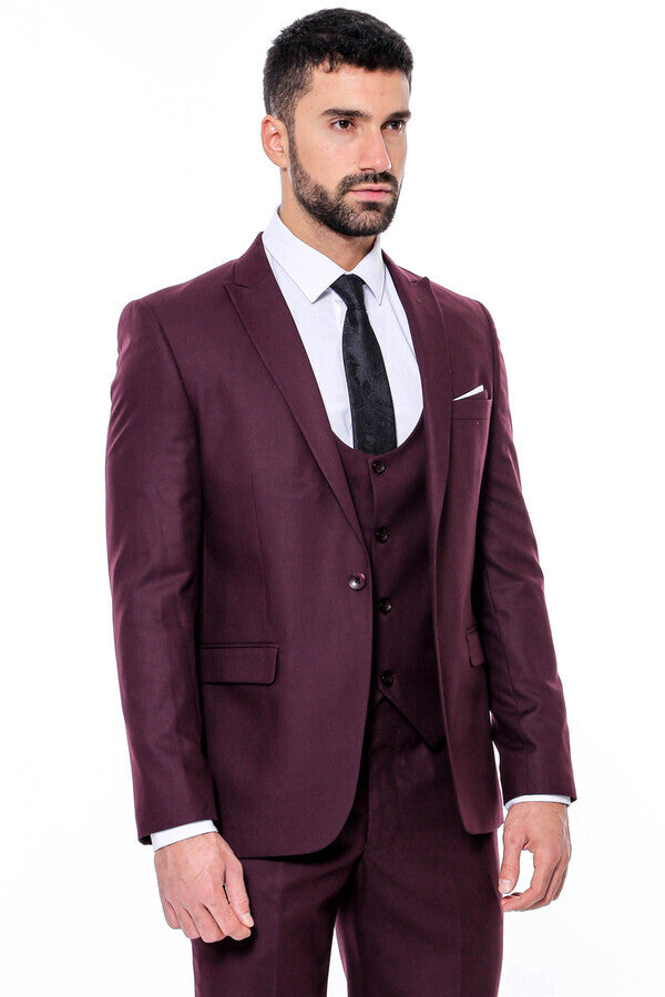 Desensiz Slim Fit Bordo Erkek Takım Elbise - Wessi