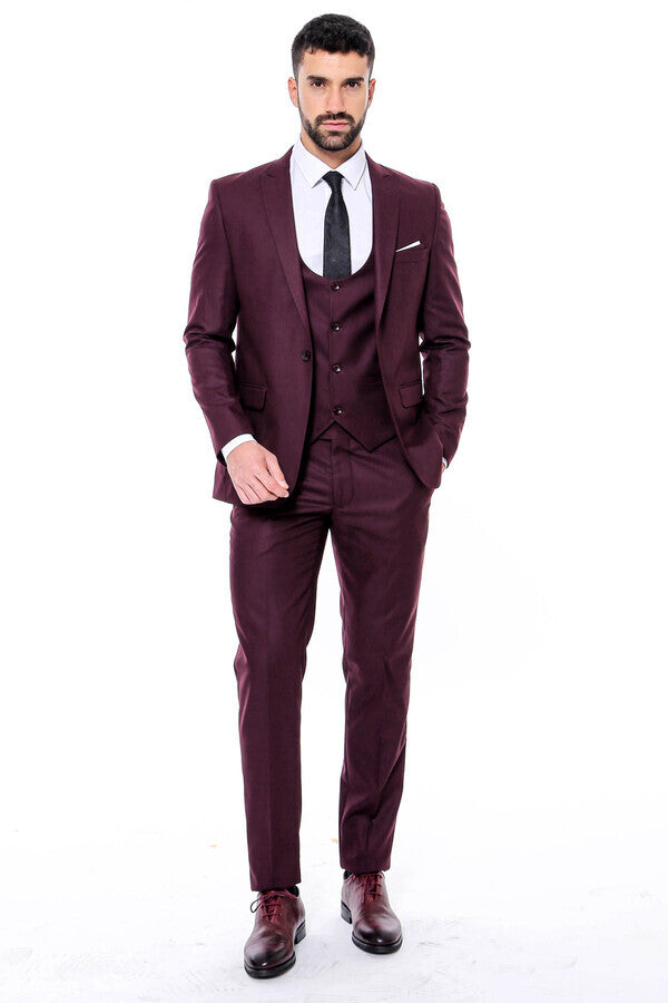 Desensiz Slim Fit Bordo Erkek Takım Elbise - Wessi