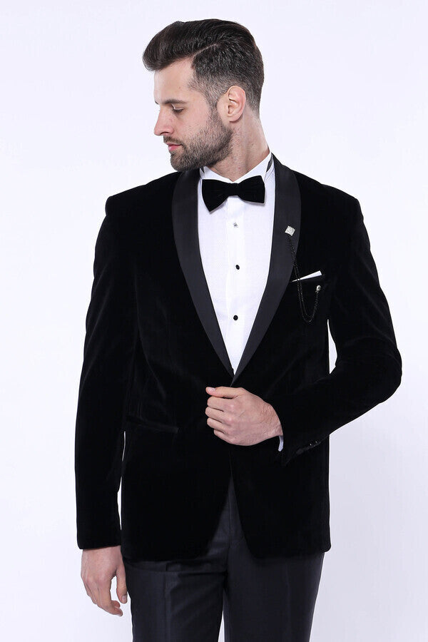 Düz Siyah Velvet Ceket | Wessi