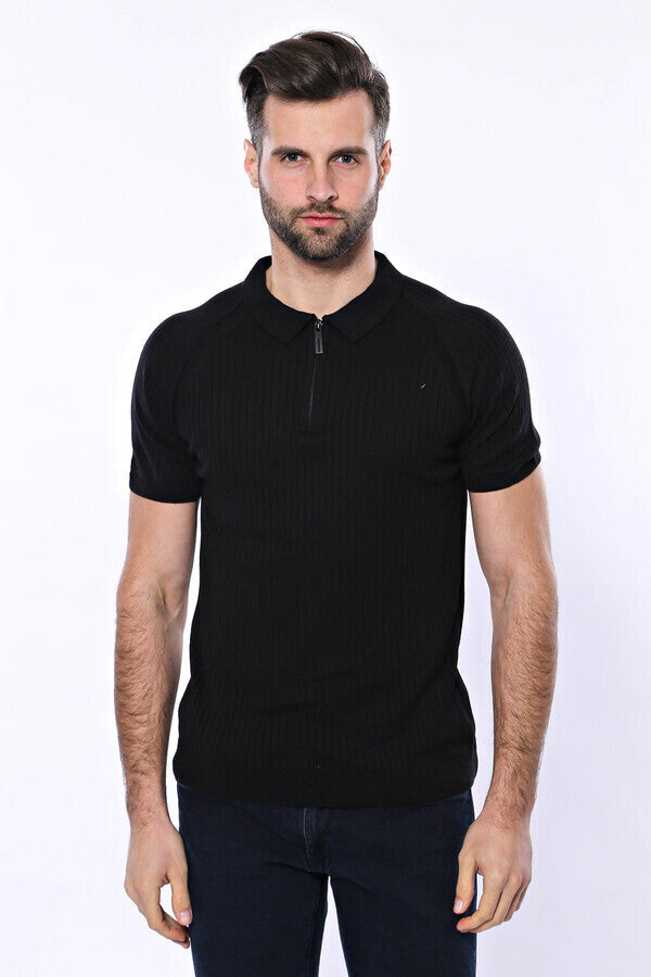 Polo Yaka Fermuarlı Siyah Örme T-shirt | Wessi