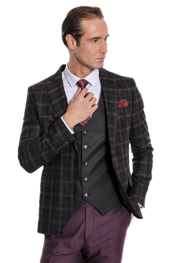Mor Yelekli Slim Fit Ekose Siyah Erkek Takım Elbise - Wessi