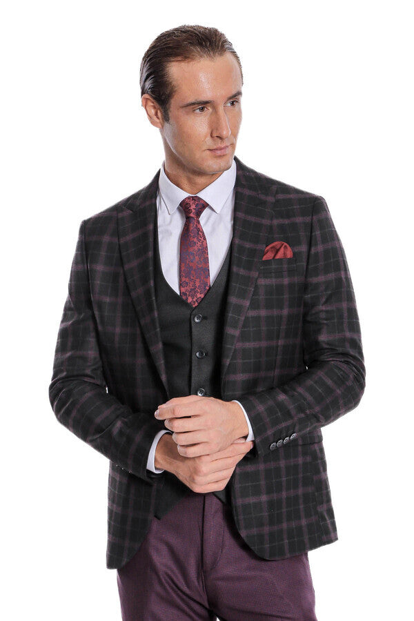 Mor Yelekli Slim Fit Ekose Siyah Erkek Takım Elbise - Wessi