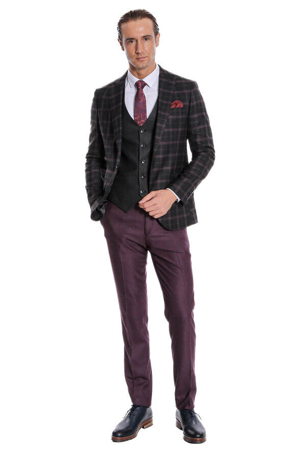 Mor Yelekli Slim Fit Ekose Siyah Erkek Takım Elbise - Wessi