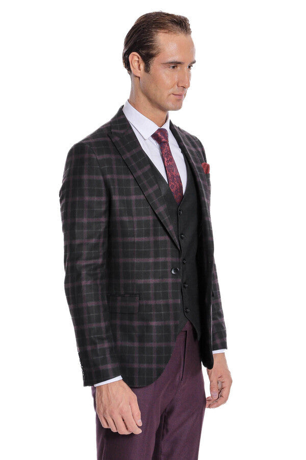 Mor Yelekli Slim Fit Ekose Siyah Erkek Takım Elbise - Wessi