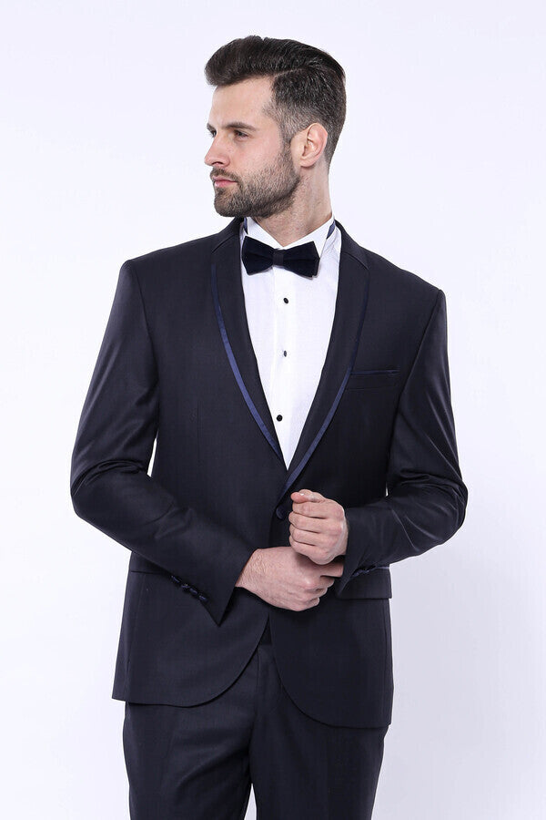 Yaka Pileli Lacivert Slim Fit Damatlık Takım Elbise | Wessi