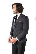 Single Button Double Vent Pointed Collar Navy Blue Jacket - Wessi