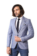 Single Button Wide Pointed Collar Blue Jacket - Wessi
