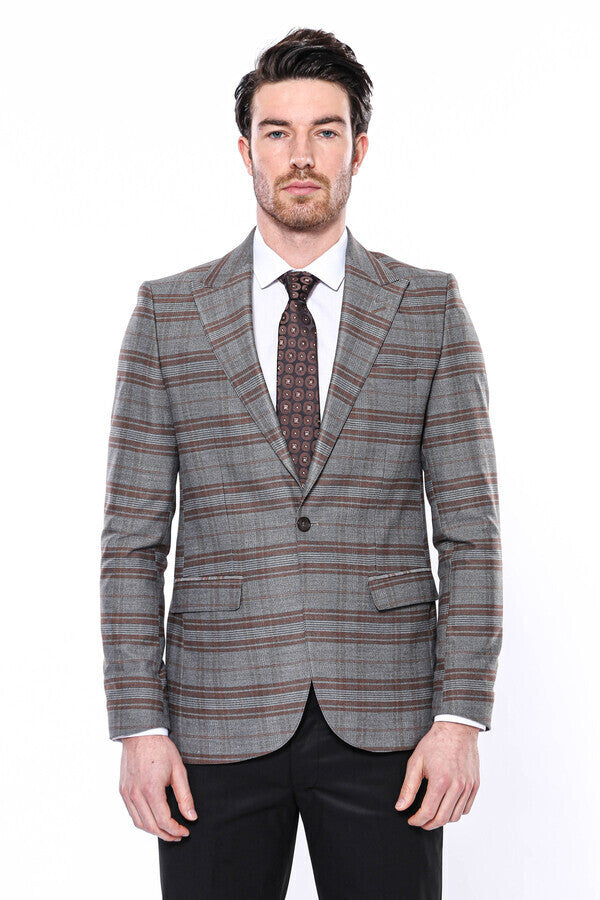 Ekose Desenli Slim Fit Kahverengi Erkek Ceket - Wessi