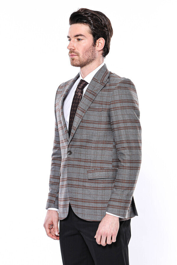 Ekose Desenli Slim Fit Kahverengi Erkek Ceket - Wessi